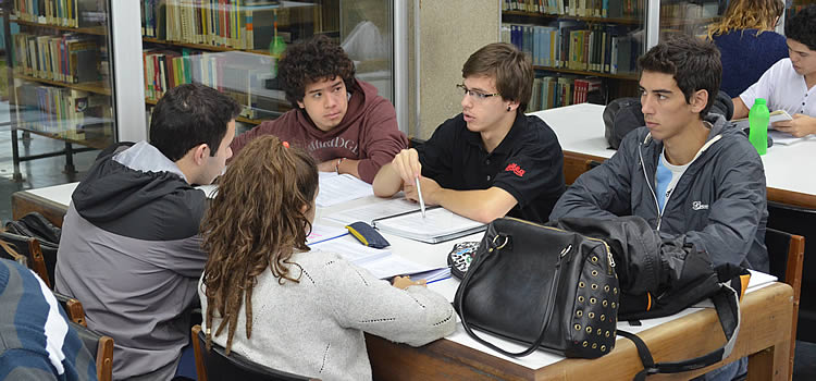 Estudiantes trabajando en grupo en la Biblioteca de la Facultad