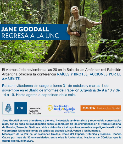 Jane Goodall estará en la UNC el viernes 4 de noviembre de 2011